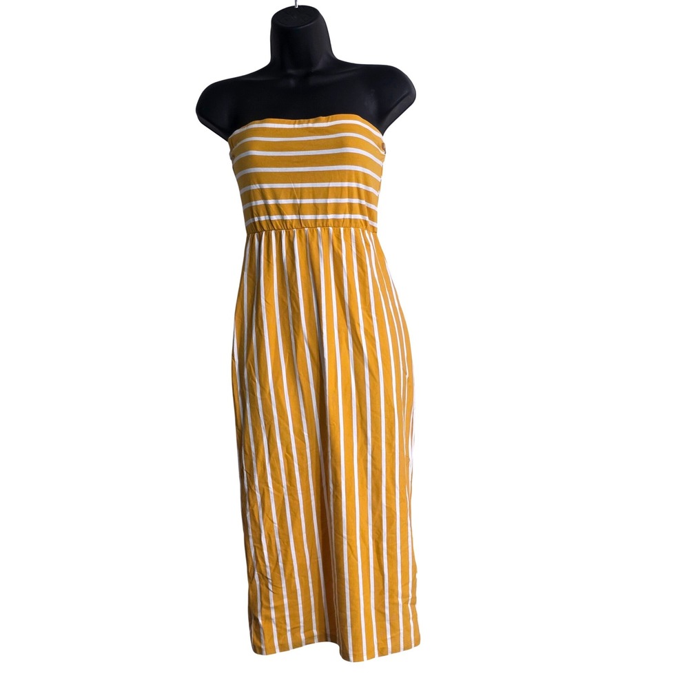 Heart & Hips Womens Mustard Yellow White Striped Strapless Midi Tube Dress M